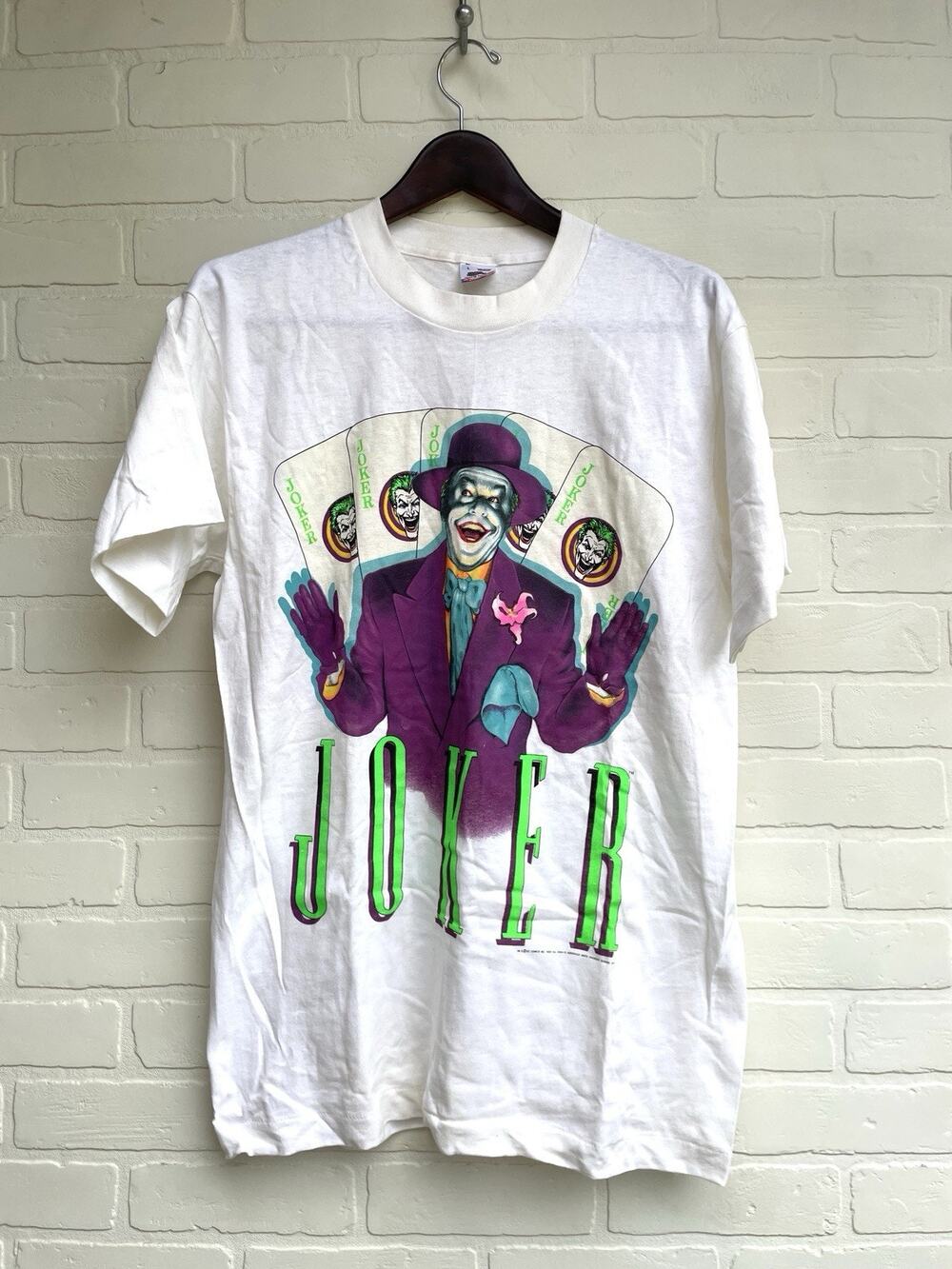 Vintage 1989 The Joker Neon White T-Shirt DC Comics Large Single Stitch Cotton